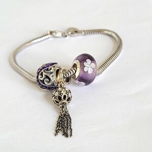 Vintage Persona Italy Purple Floral Murano Glass Beaded Sterling Silver Bracelet